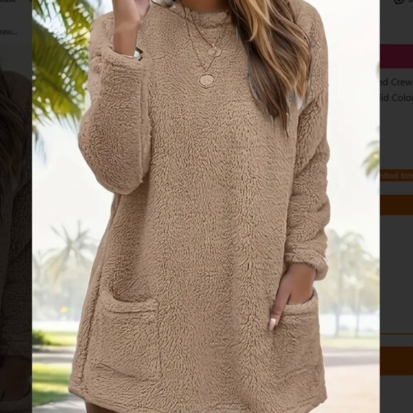 Cozy Crew Neck Long Sleeve Fleece Top with Two Front Pockets in Khaki. NWOT. - Picture 1 of 2